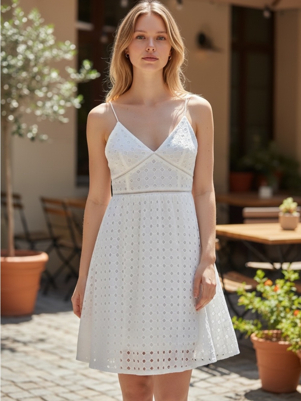 Donna Morgan White Eyelet V-Neck Spaghetti-Strap Midi Dress